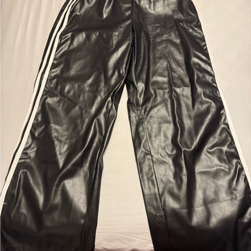 SHEIN Black Faux Leather Joggers with White Stripes